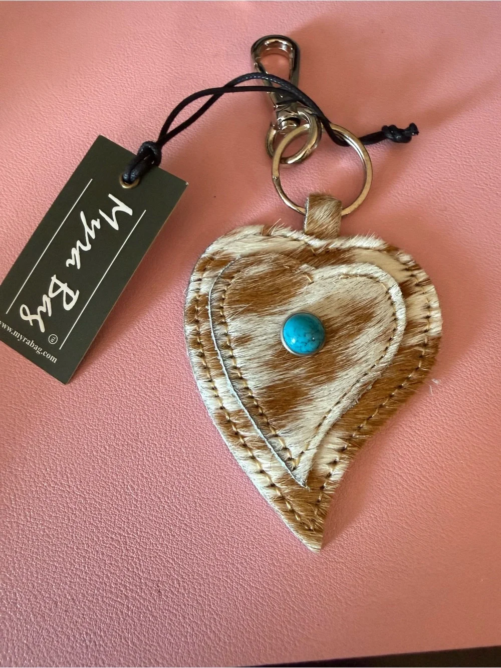 Myra Bag Brown Hair-on Leather Heart Keychain with Turquoise Accent